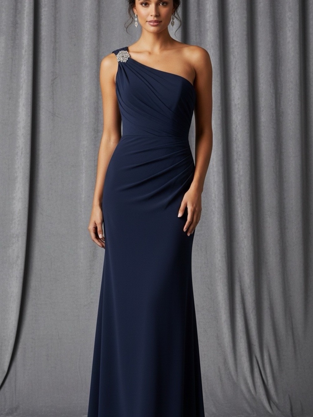 One-Shoulder Navy Evening Gown with Shoulder Brooch